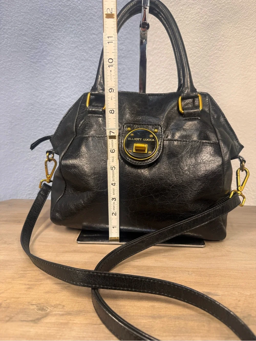 Elliott Lucca Black Leather Satchel Crossbody Gold Turn Lock Shoulder Bag